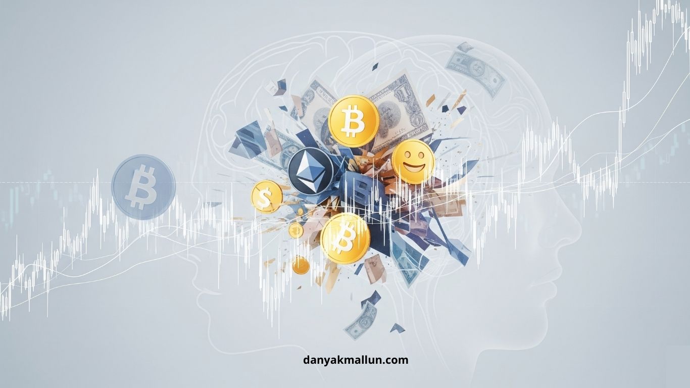 Ilustrasi grafik crypto dengan siluet kepala manusia, melambangkan psikologi di balik investasi